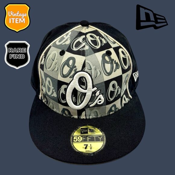 RARE New Era 59Fifty Balt Orioles Fitted Black Gray White Baseball Cap Hat 7 1/2 - Picture 1 of 10